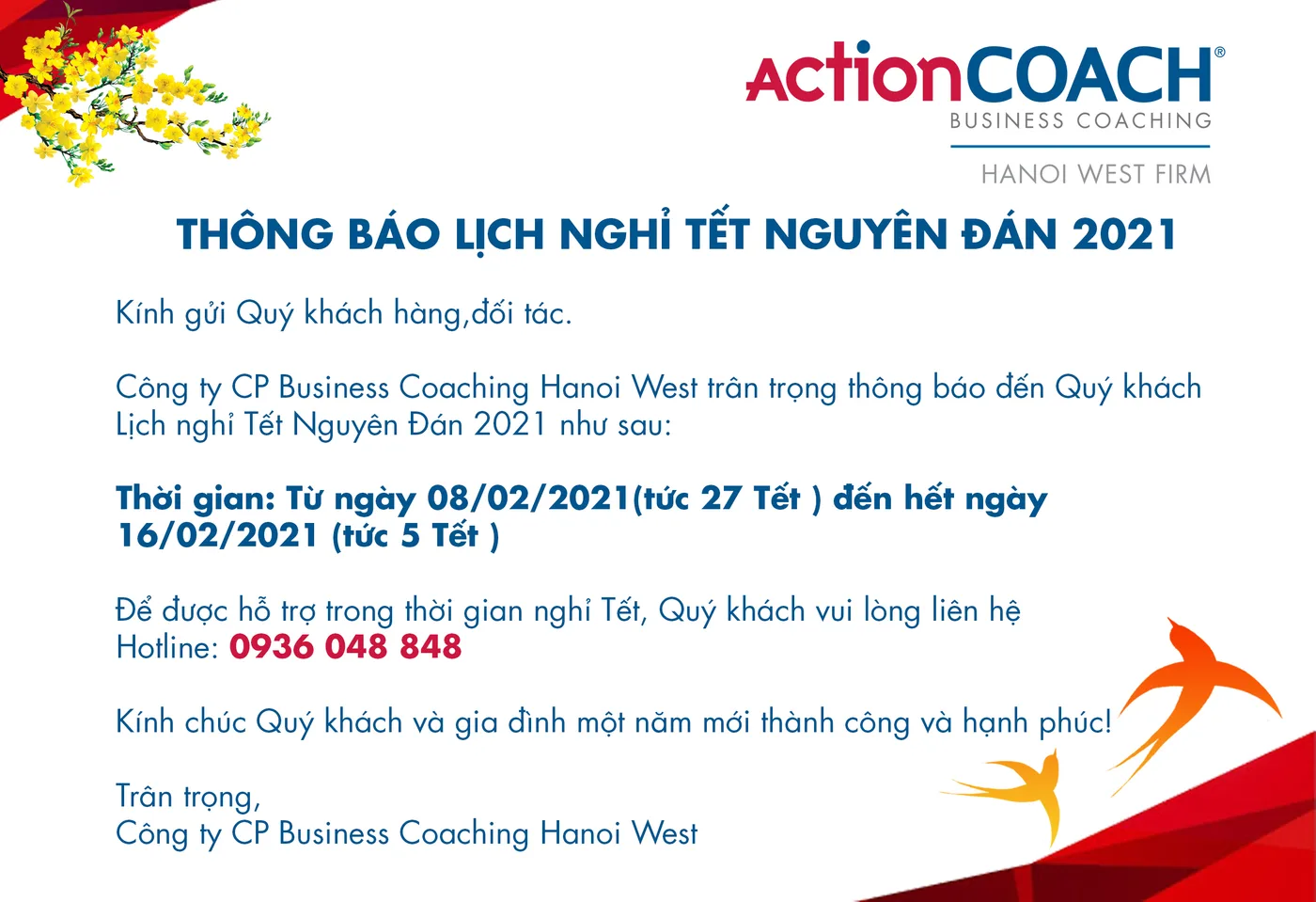 THÔNG BÁO LỊCH NGHỈ TẾT NGUYÊN ĐÁN 2021